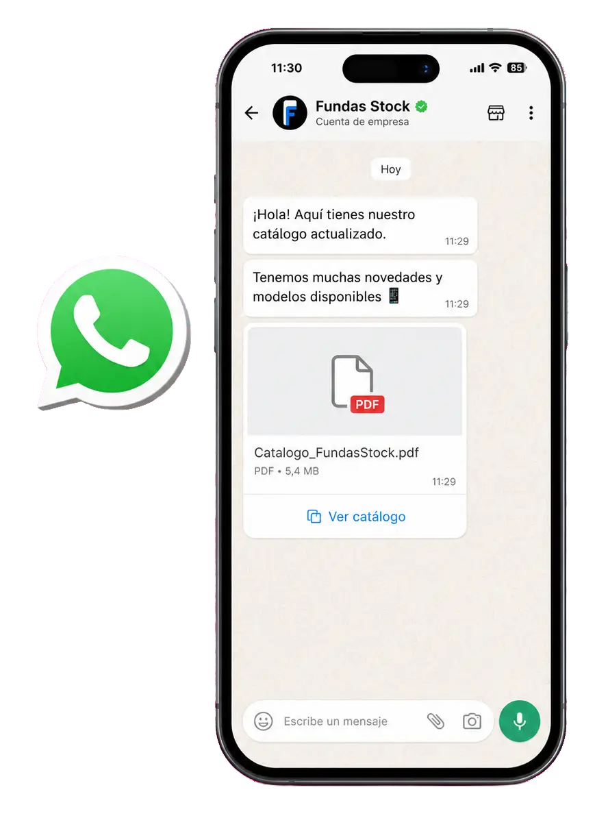 Mockup del catálogo de Fundas Stock enviado por WhatsApp